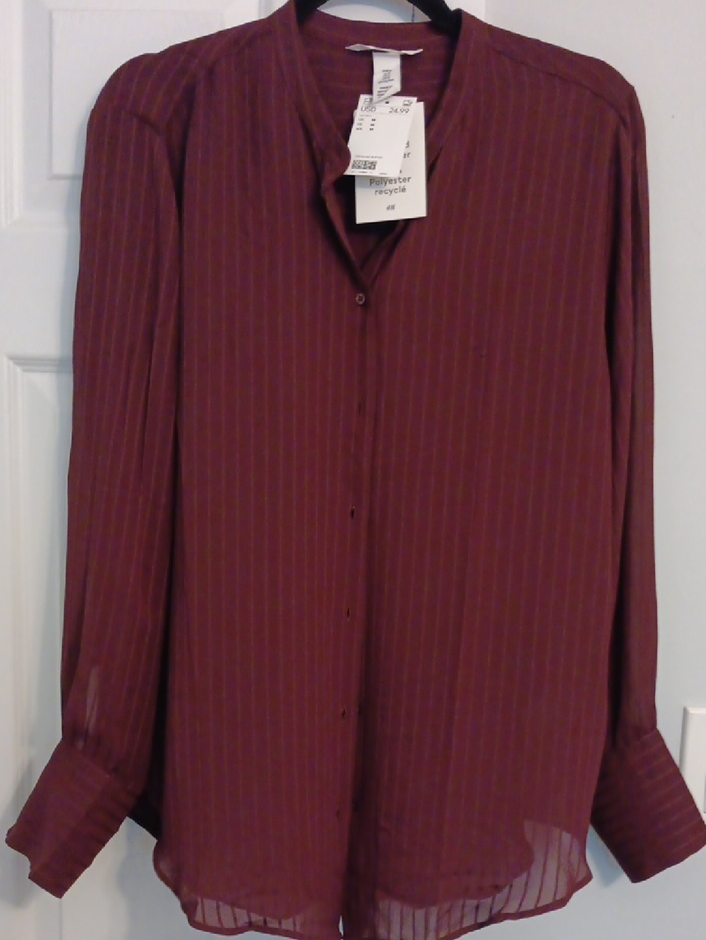 NWT H&M Womens Sheer Oversized Burgundy Pinstripe Button-Down Shirt